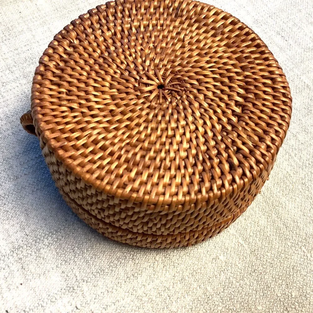 Vintage Bali Basket Round Handwoven Ata Rattan Trinket Box Jewelry with Lid